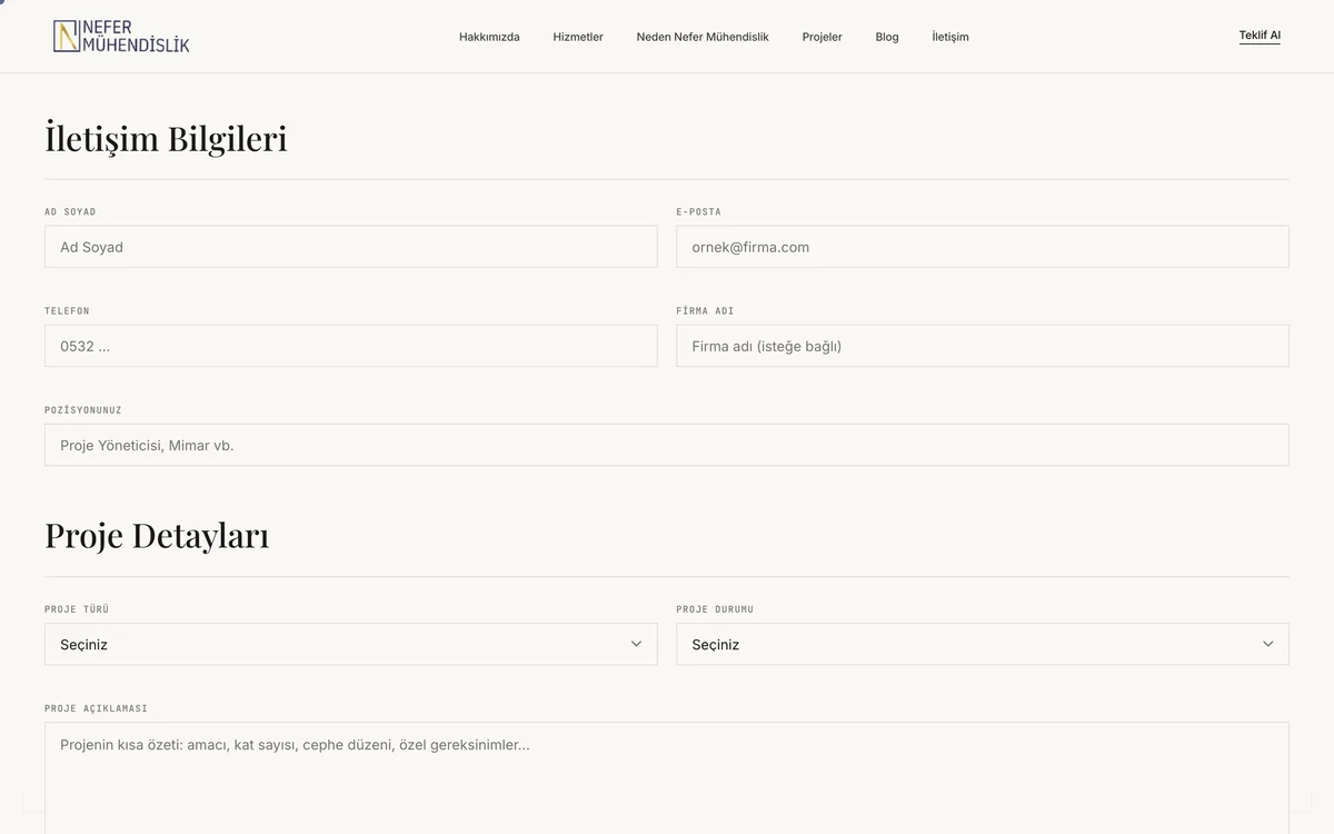 Nefer Mühendislik · Detailed quote form